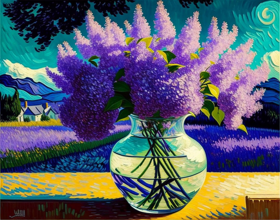 Colorful painting of vase with purple lilacs on swirling background.