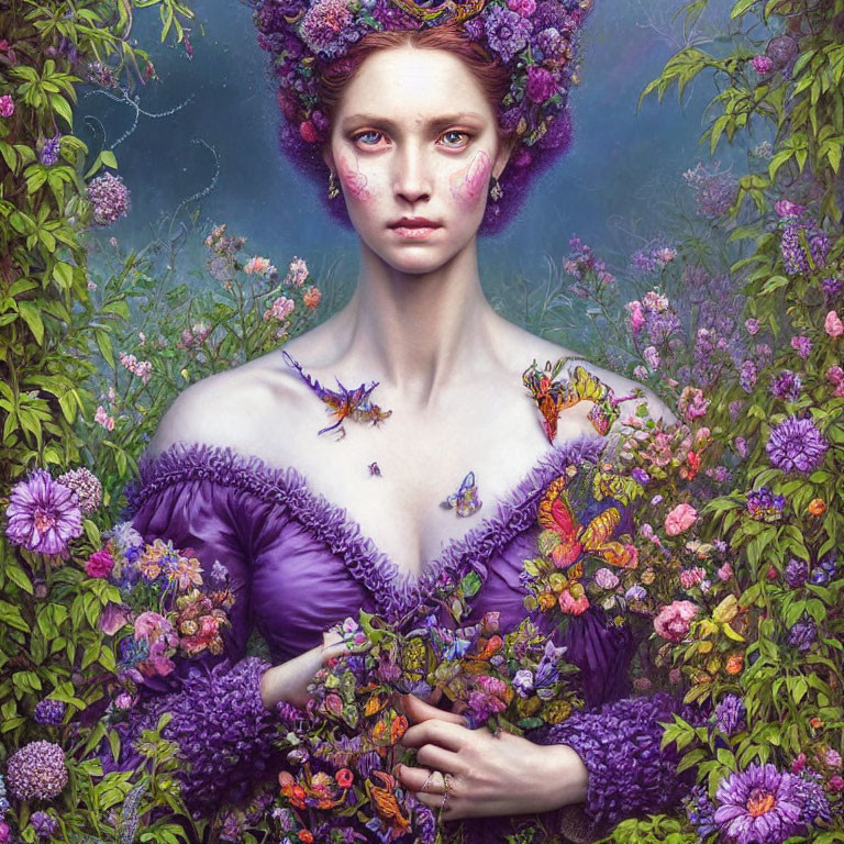 Portrait of Woman Integrated with Flora and Fauna in Serene Setting