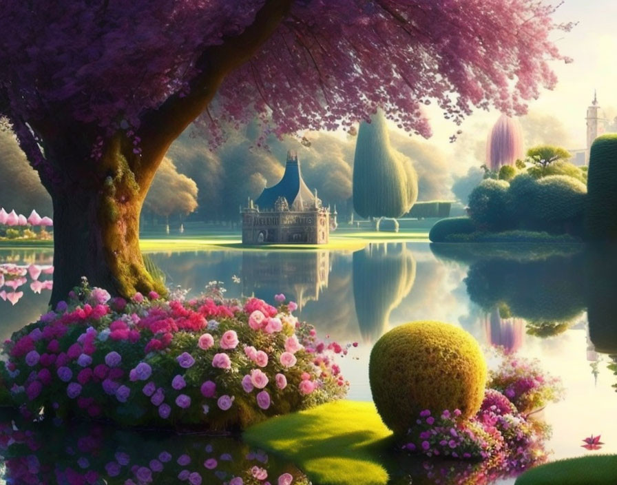 Tranquil landscape with garden, castle, and lake at dawn or dusk