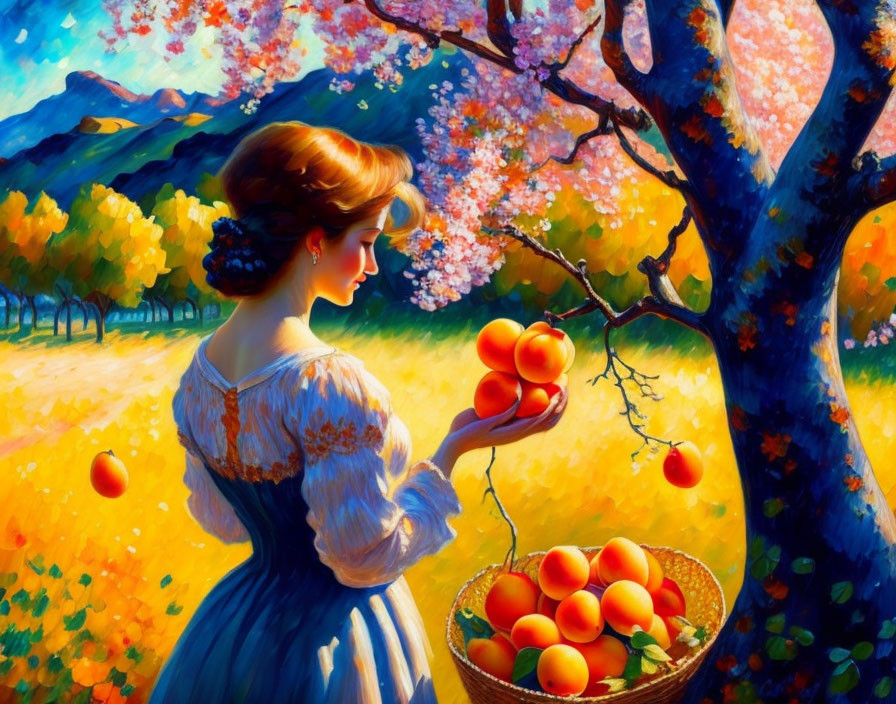 Woman in vintage dress picking ripe peaches in vibrant, blooming scenery