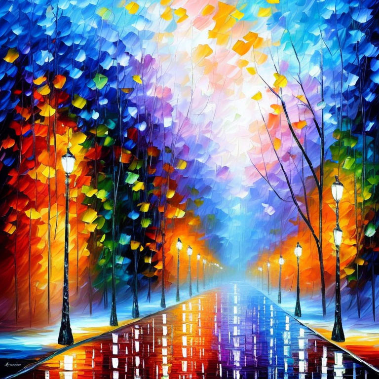 Colorful Tree-Lined Path Painting with Falling Leaves and Street Lamps