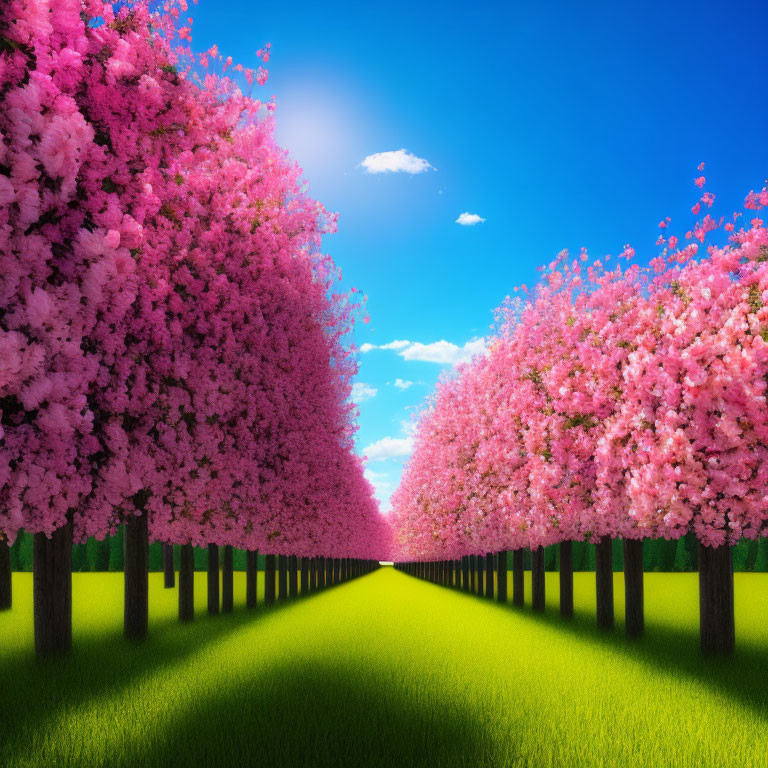 Scenic pathway with pink cherry blossom trees under blue sky