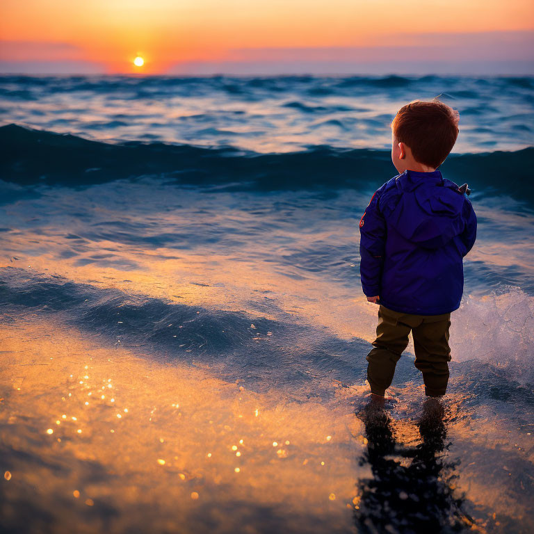 Child in Purple Jacket Watches Sunset by the Sea