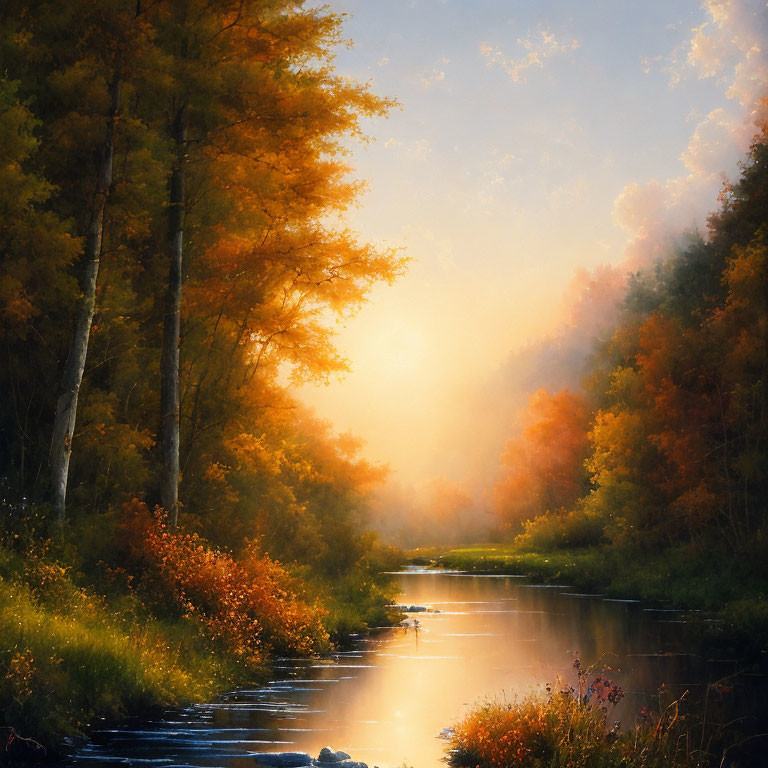 Sunlit River Flanked by Trees in Autumn Forest