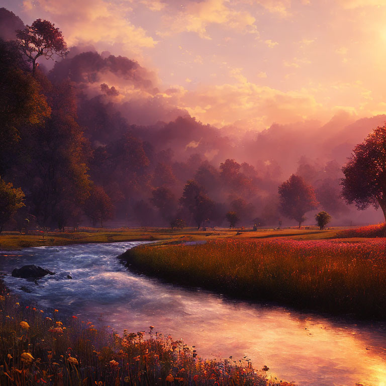 Tranquil Sunrise Landscape with River, Wildflowers, and Woods