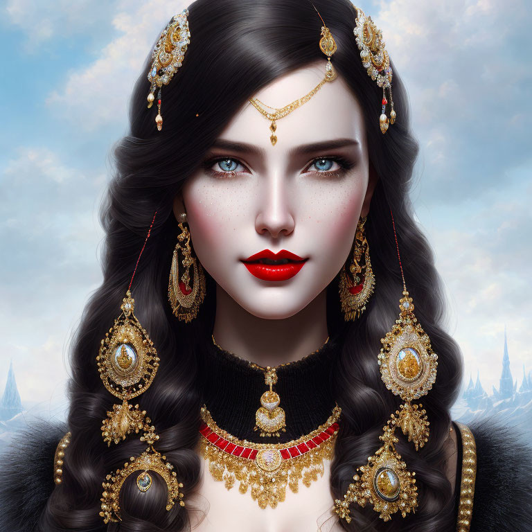 Dark-haired woman with gold and gemstone jewelry against cloudy sky.