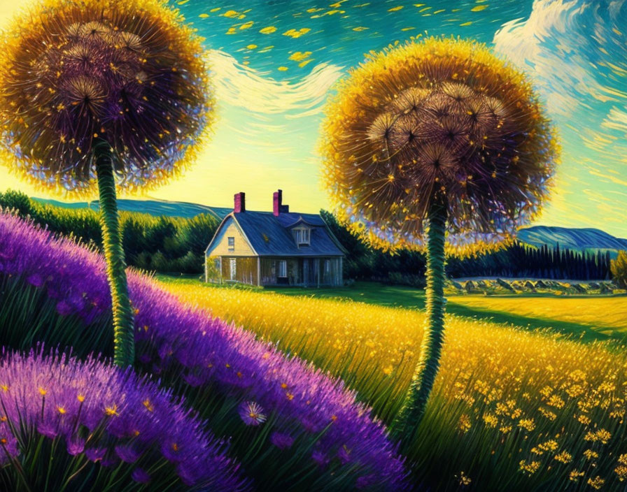 Idyllic house in lush field with dandelion trees and purple flowers