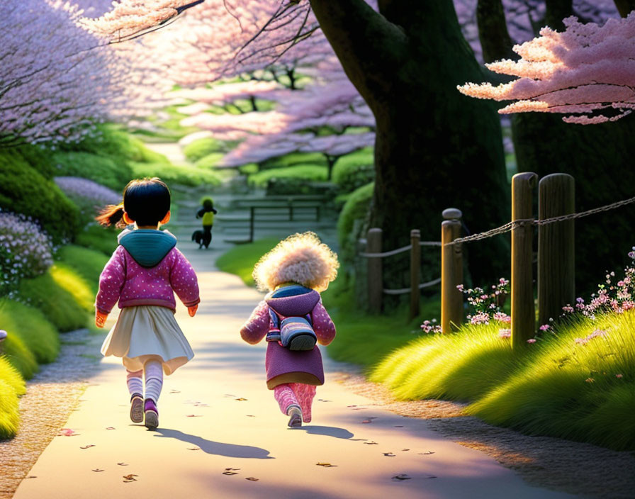 Children walking among blooming cherry blossoms and lush greenery.