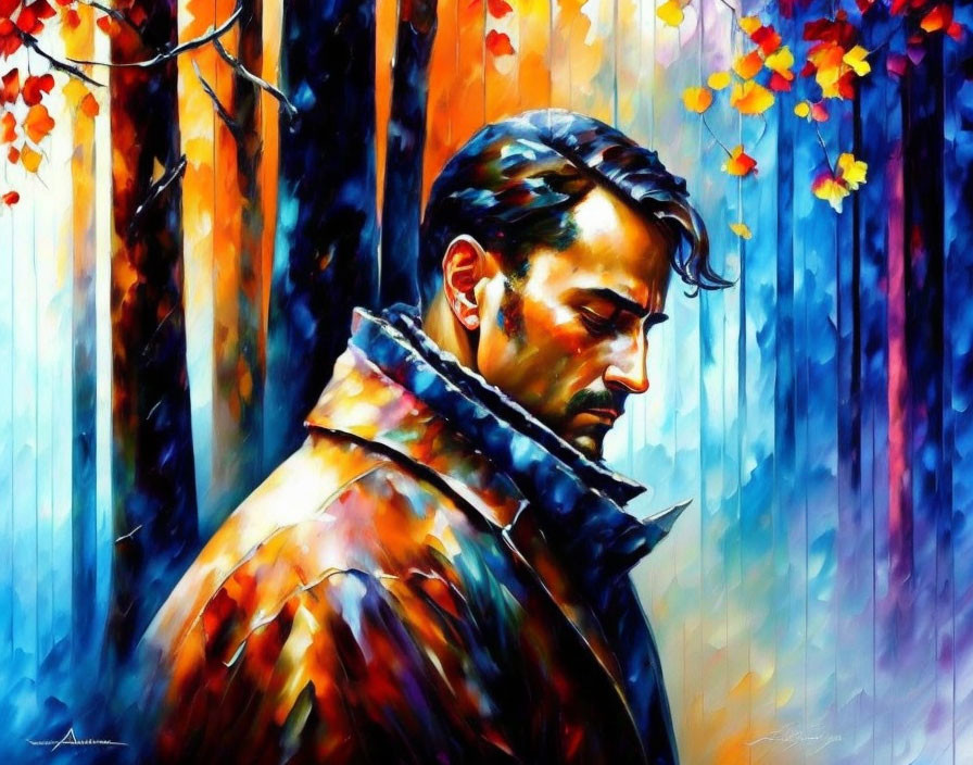 Vibrant autumn forest painting with bearded man profile