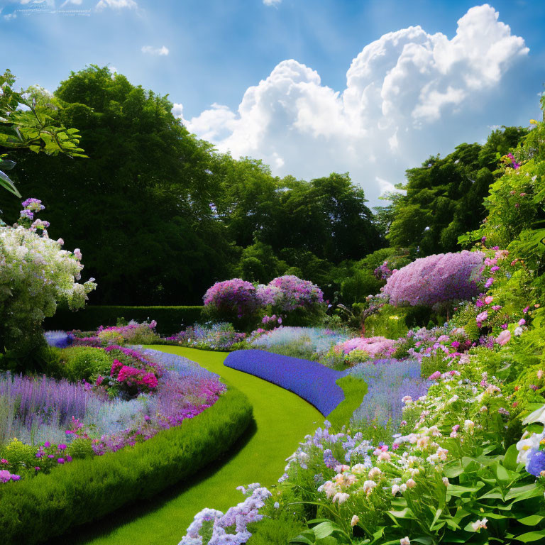 Vibrant garden scene with blue flower path and blooming flowers