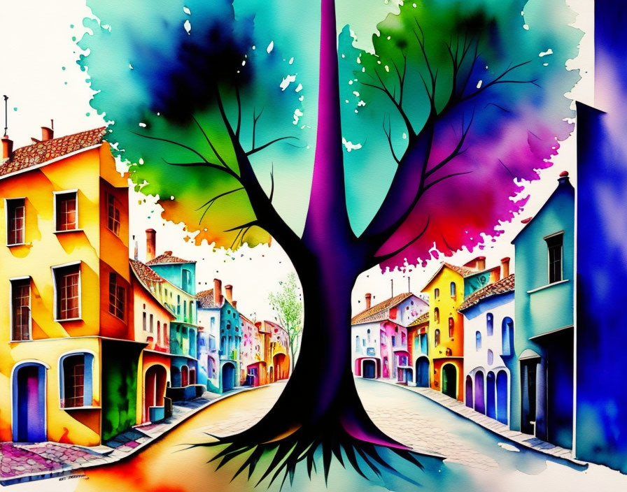 Colorful Watercolor Painting of Whimsical Street with Striking Tree