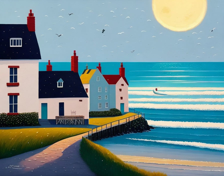 Vibrant painting of three seaside houses under moonlight