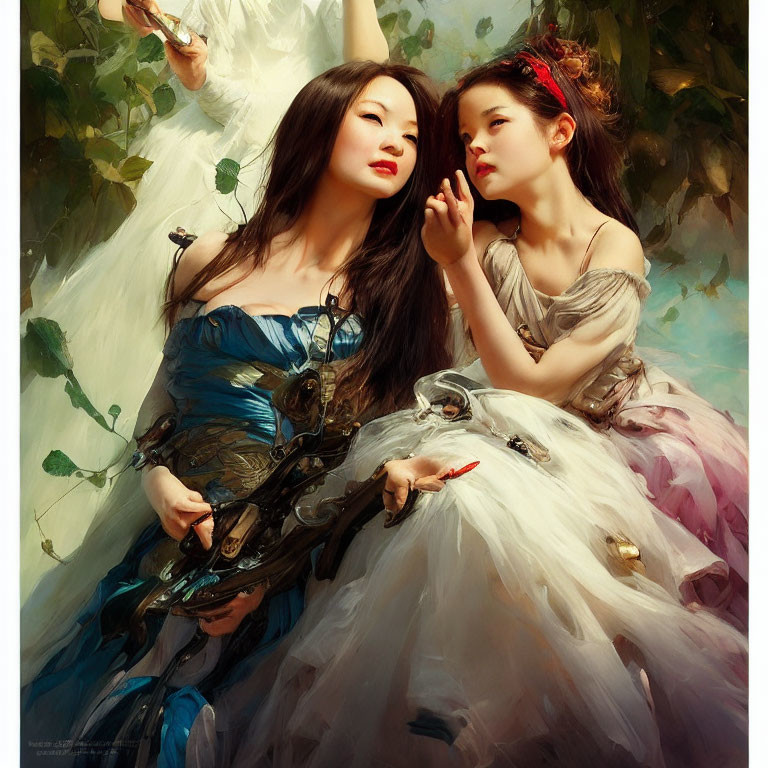 Two Women in Fantasy Dresses Posing in Nature Setting