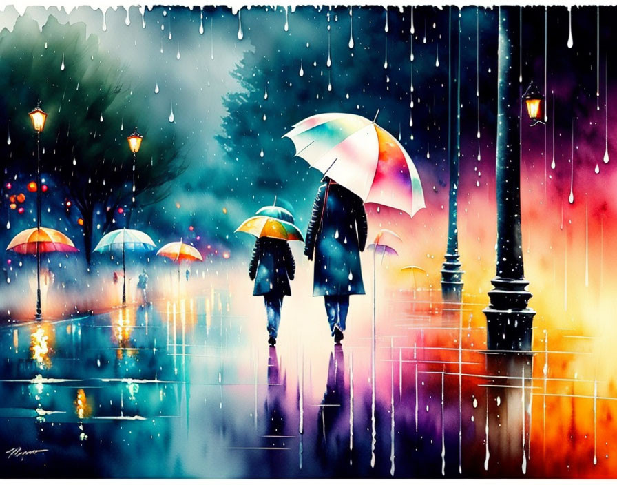 Vibrant artwork: Two people with multicolored umbrella in rainy city scene