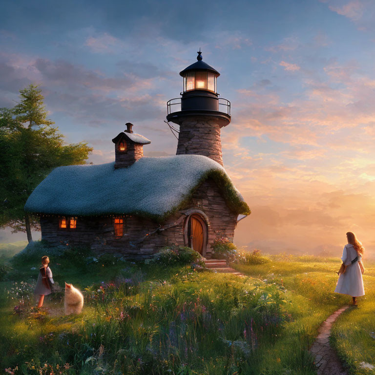 Charming cottage with attached lighthouse, woman, child, and dog walking at sunset