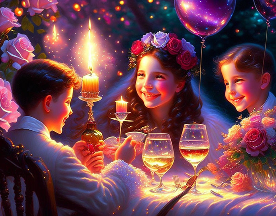 Children at festive table with candles, flowers, and balloons in enchanting setting