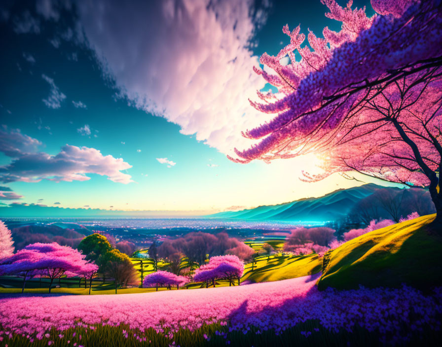 Colorful Cherry Blossom Landscape at Sunset