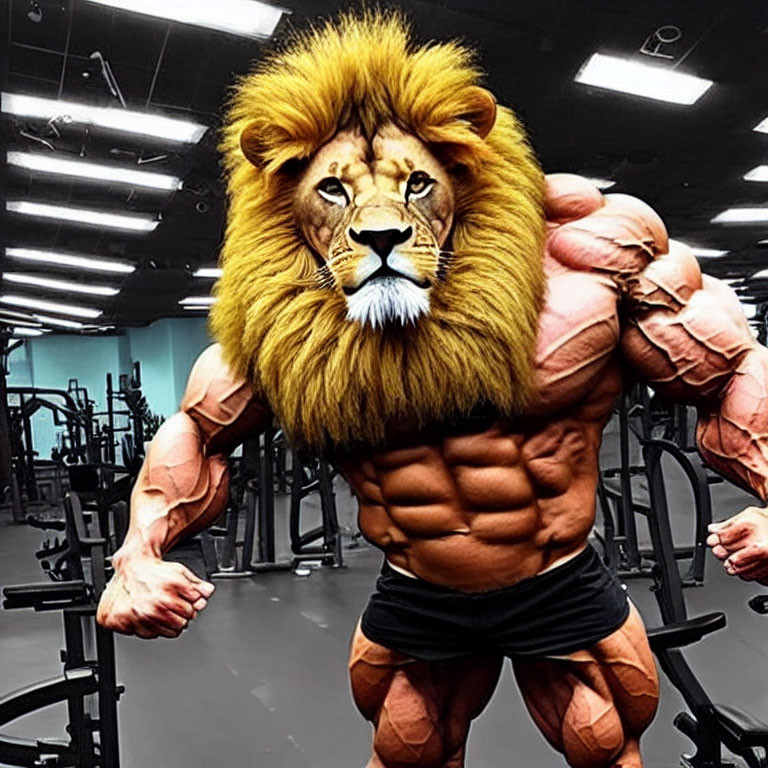 Muscular person in gym with lion mask, defined abs and flexed biceps