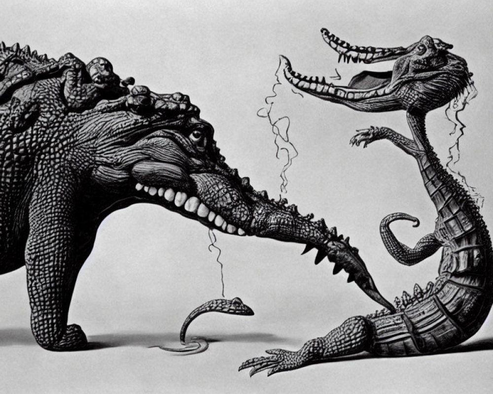 Monochrome surreal crocodile illustration with open mouth and nested crocodile