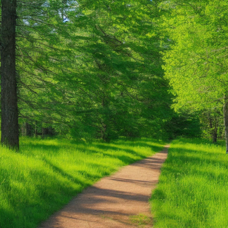 Tranquil forest path with lush green grass and towering trees