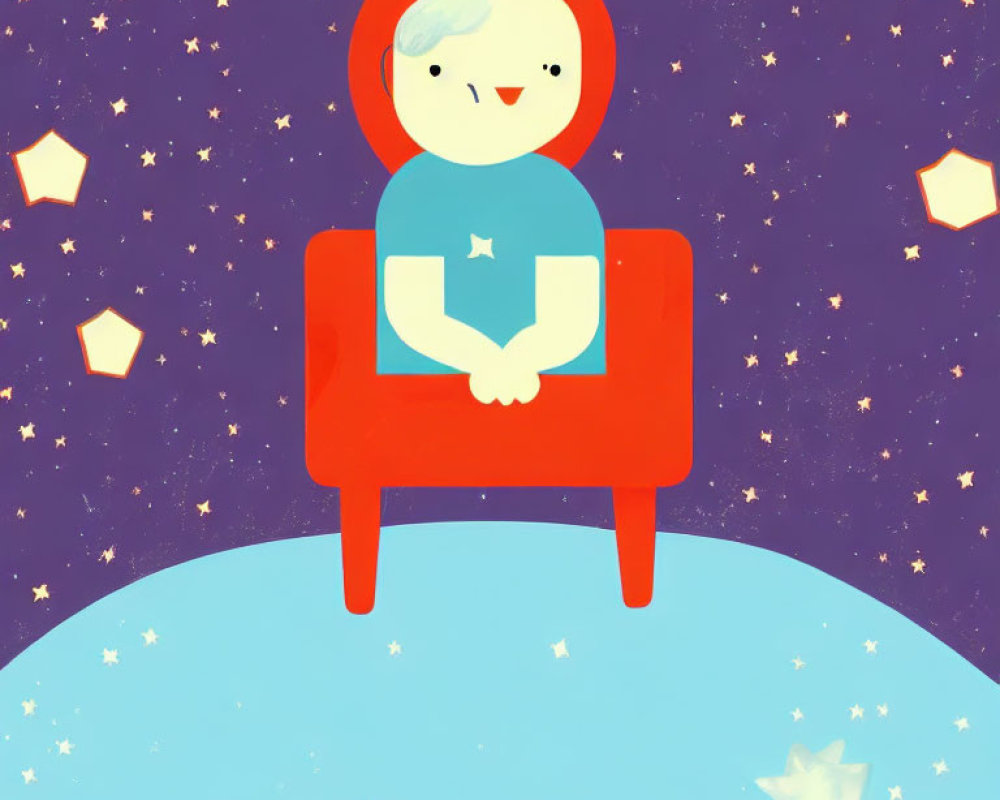 Cartoon character on red chair in space with stars and planets