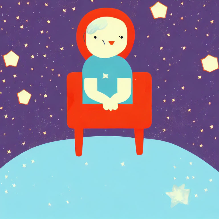 Cartoon character on red chair in space with stars and planets