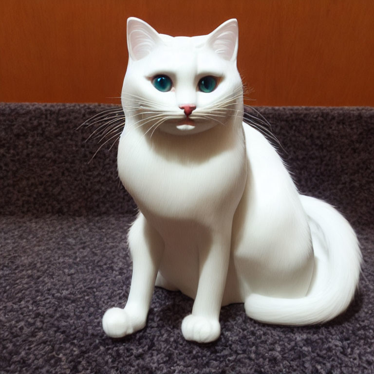 White Cat Figurine with Blue Eyes and Long Whiskers on Brown Surface and Orange Background