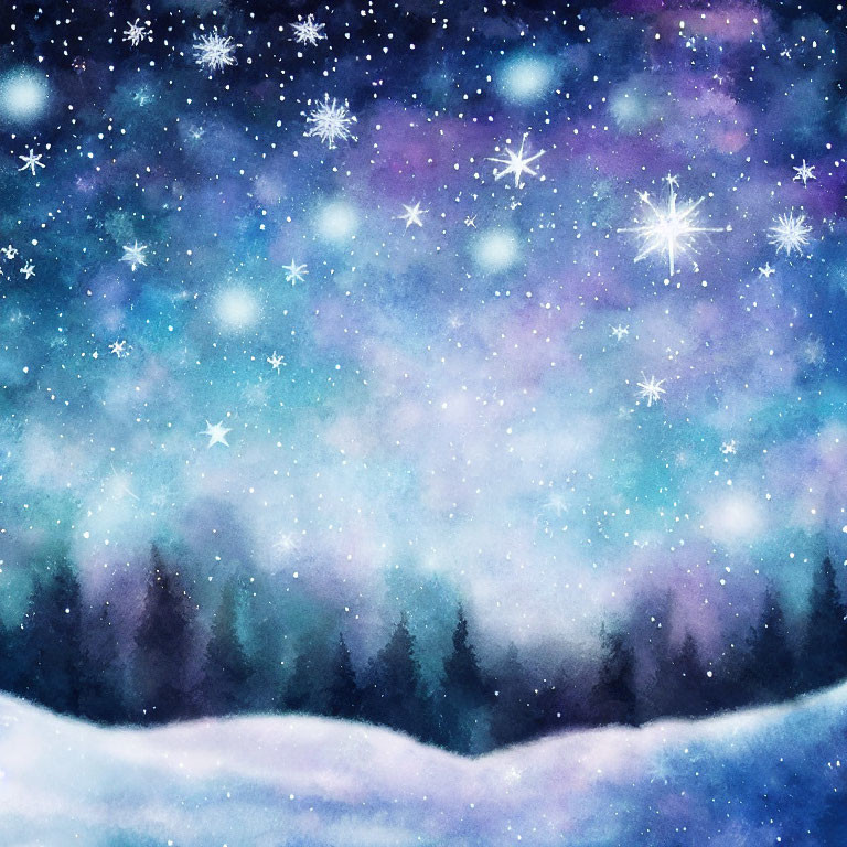 Whimsical watercolor illustration of starry snowflake sky over pine forest