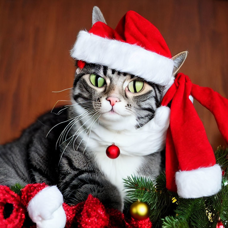 Gray Tabby Cat with Green Eyes in Santa Hat Amongst Christmas Decorations