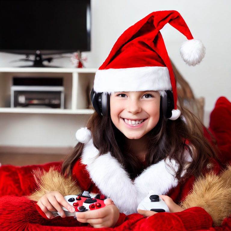 Smiling child in Santa hat with headphones and game controller on red blanket