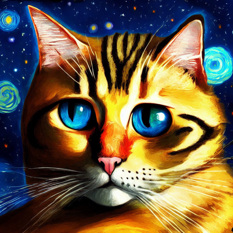 Vibrant cat with blue eyes on starry background inspired by Van Gogh