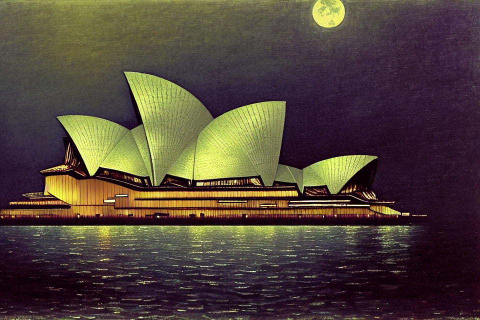 Sydney Opera House night scene with stylized moon and water reflection