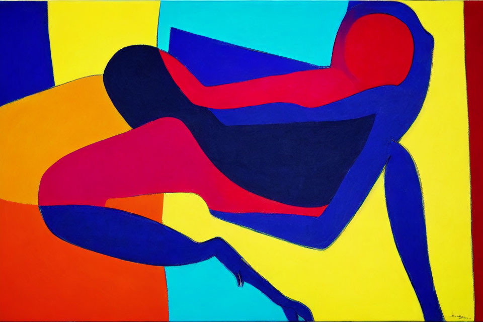 Stylized human figure in blue and red on vibrant abstract background