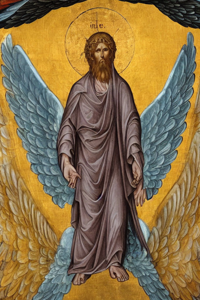 Robed angel with blue wings and halo on gold-leaf background