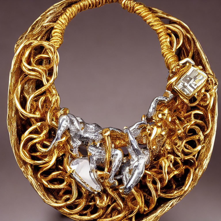 Intricate twisted gold necklace with large crystal centerpiece on gray backdrop
