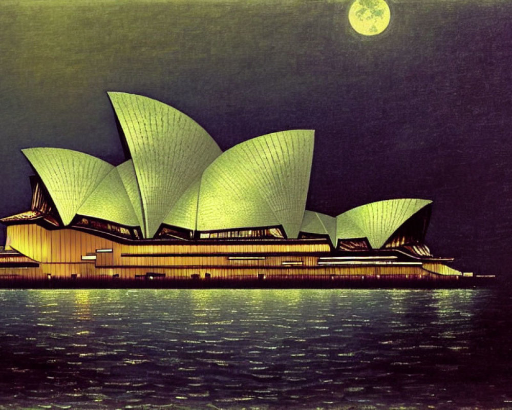 Sydney Opera House night scene with stylized moon and water reflection