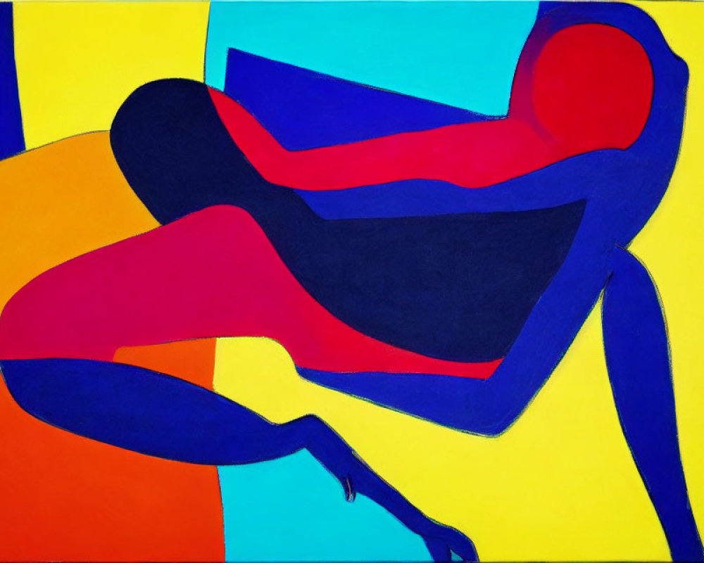 Stylized human figure in blue and red on vibrant abstract background