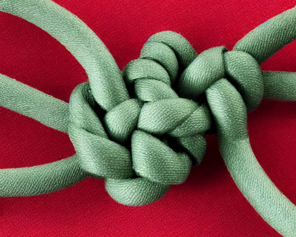 Intricate Green Cord Knot on Red Background