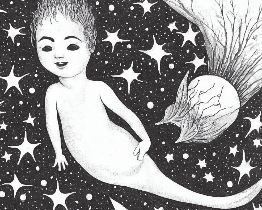 Whimsical baby illustration with comet tail, stars, and cosmic tree