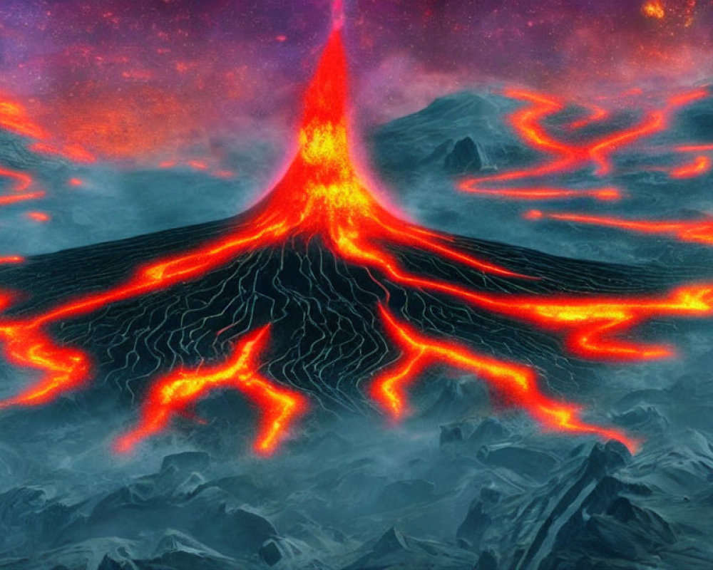 Erupting volcano with flowing lava in dramatic landscape