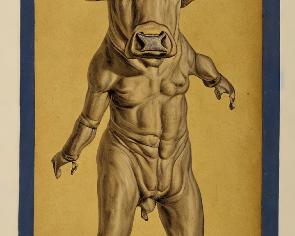 Anthropomorphic bull with human-like body and bovine head on yellow and blue background