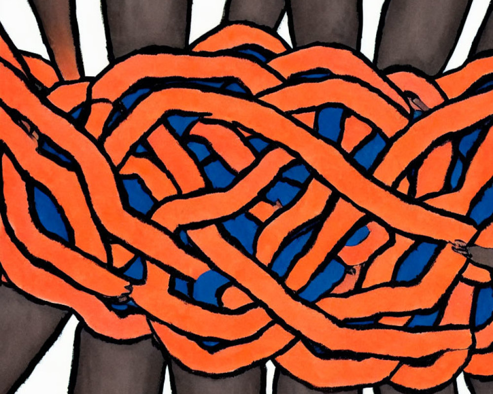 Interconnected hands with orange lines on white background
