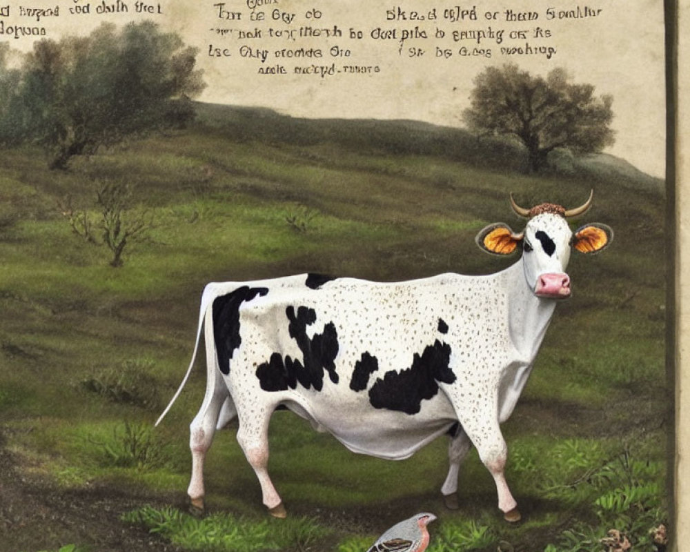 Detailed Illustration of Black and White Spotted Cow in Grassy Field