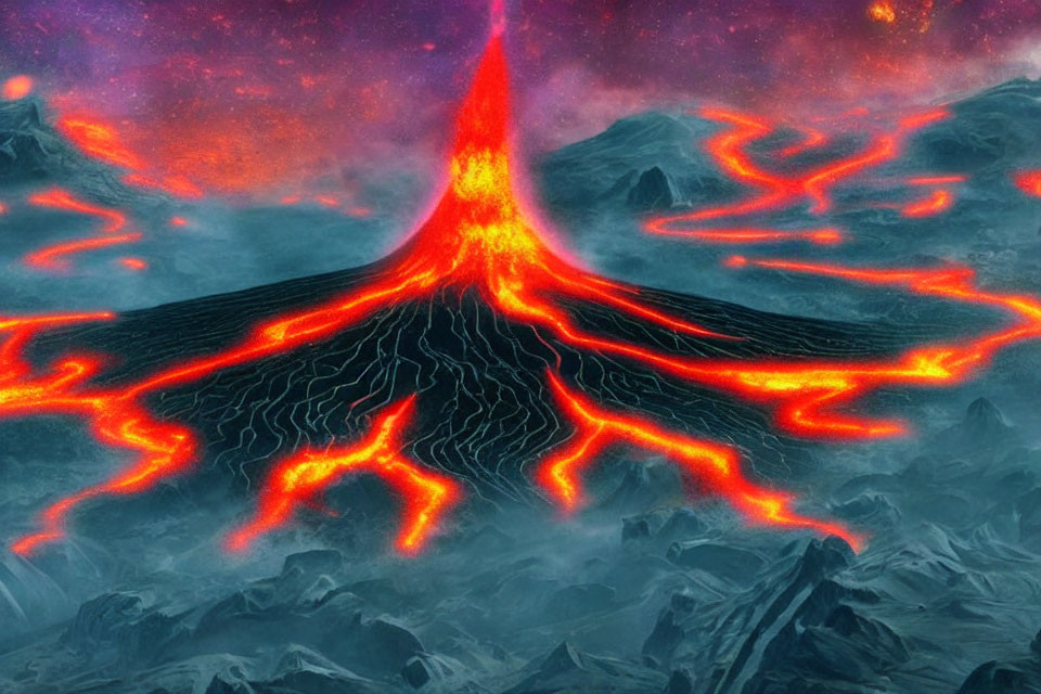 Erupting volcano with flowing lava in dramatic landscape