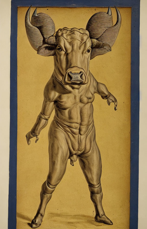 Anthropomorphic bull with human-like body and bovine head on yellow and blue background