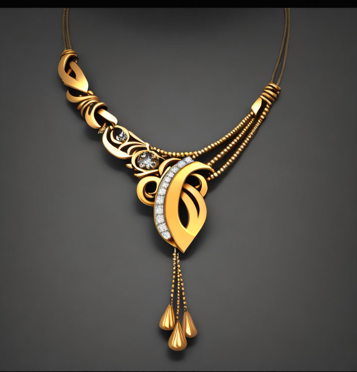 Gold Necklace with Diamond-Adorned Pendant & Teardrop Elements