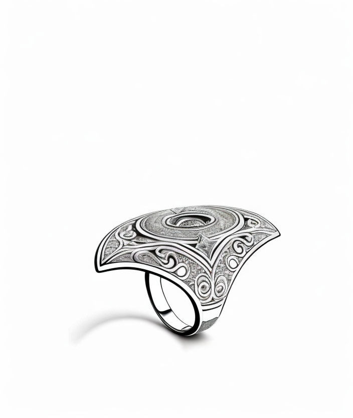 Silver Cuff Bracelet with Intricate Patterns on White Background