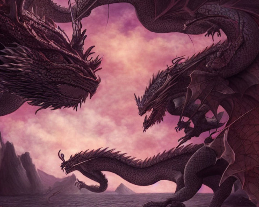 Majestic dragons by misty sea under dusky purple sky