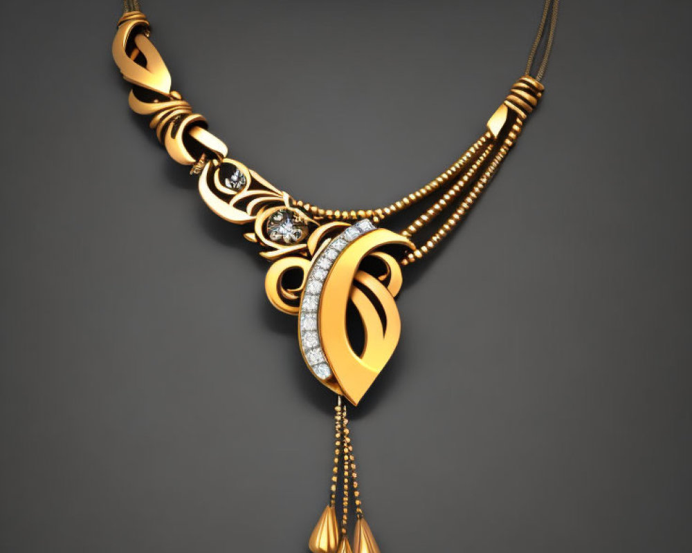 Gold Necklace with Diamond-Adorned Pendant & Teardrop Elements