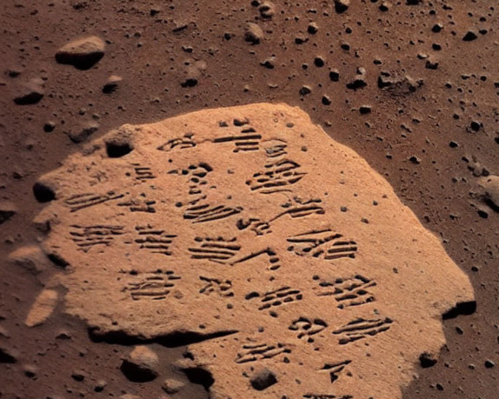 Martian landscape with etched symbols on a flat rock and small structure in the background